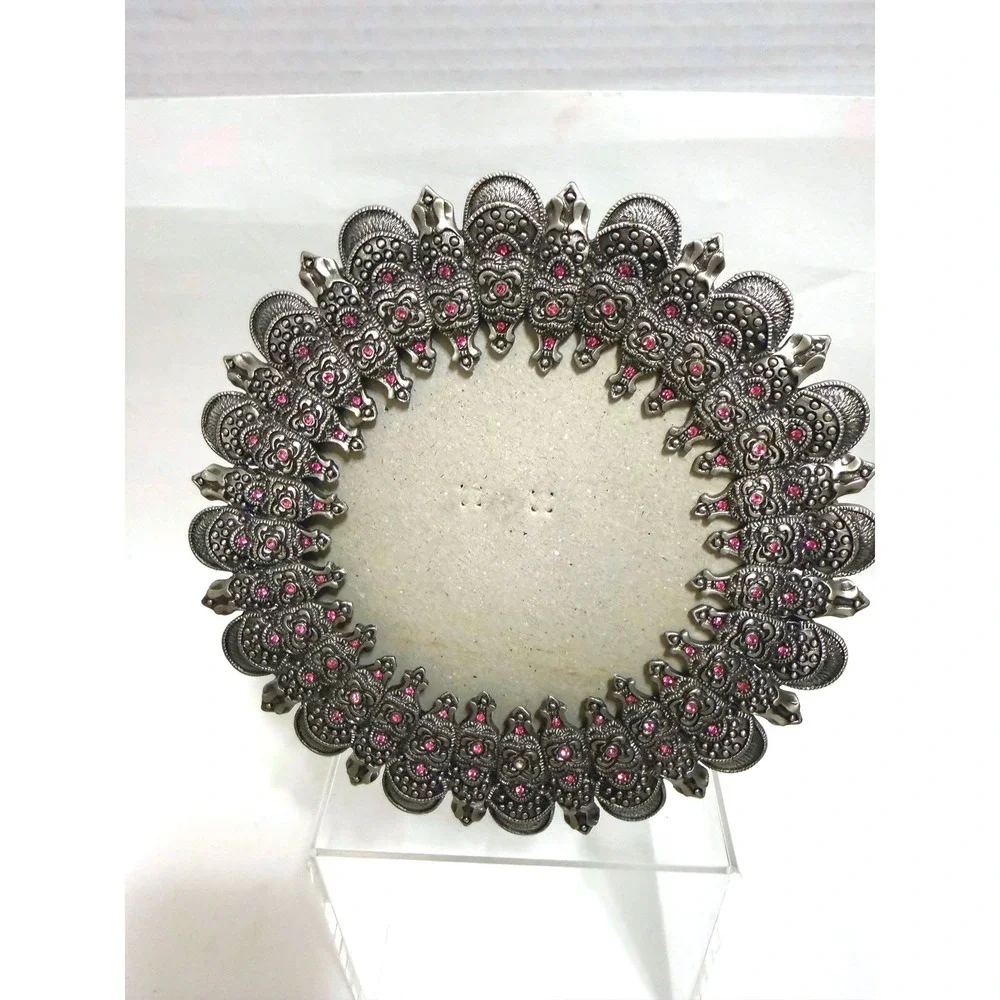Vintage Style Round Pewter Tone Metal Picture Frame Pink Rhinestone Ornate